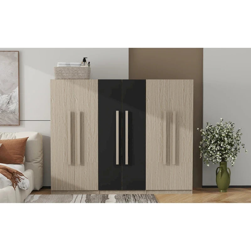 Armoire 6 portes en bois avec tringles de suspension et tiroirs de rangement, Blanc+Naturel / Noir+Naturel, Style moderne