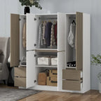 Armoire 6 portes en bois avec tringles de suspension et tiroirs de rangement, Blanc+Naturel / Noir+Naturel, Style moderne