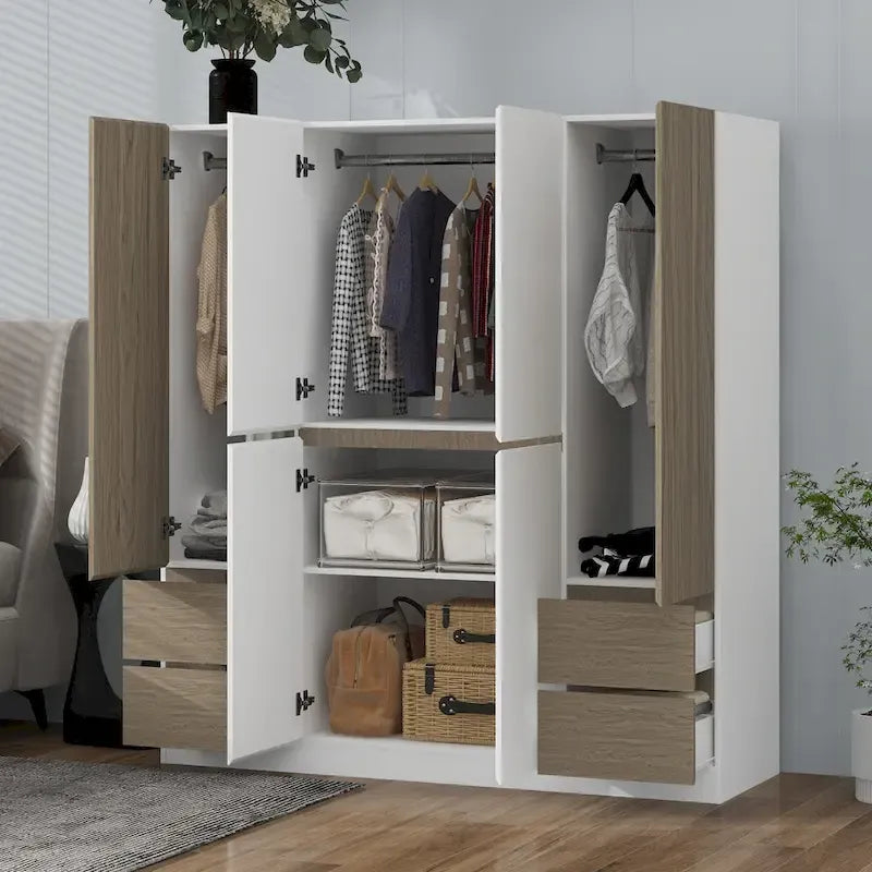 Armoire 6 portes en bois avec tringles de suspension et tiroirs de rangement, Blanc+Naturel / Noir+Naturel, Style moderne