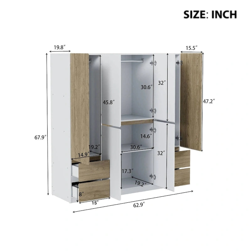 Armoire 6 portes en bois avec tringles de suspension et tiroirs de rangement, Blanc+Naturel / Noir+Naturel, Style moderne