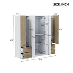 Armoire 6 portes en bois avec tringles de suspension et tiroirs de rangement, Blanc+Naturel / Noir+Naturel, Style moderne