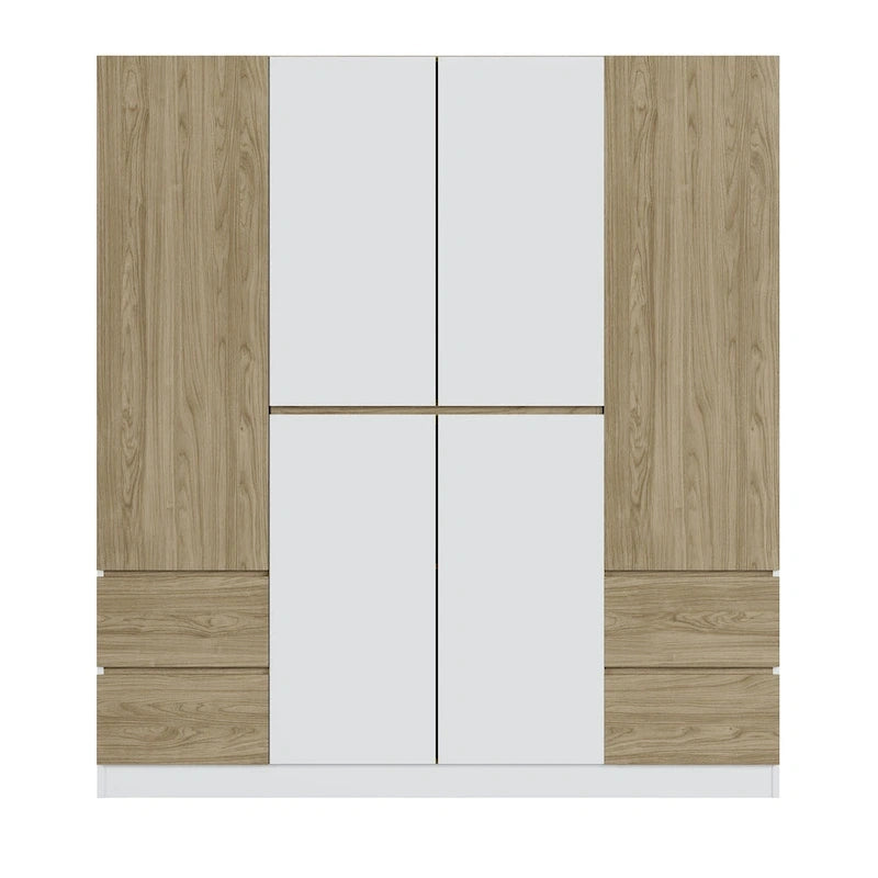 Armoire 6 portes en bois avec tringles de suspension et tiroirs de rangement, Blanc+Naturel / Noir+Naturel, Style moderne
