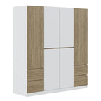 Armoire 6 portes en bois avec tringles de suspension et tiroirs de rangement, Blanc+Naturel / Noir+Naturel, Style moderne