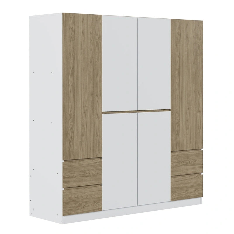 Armoire 6 portes en bois avec tringles de suspension et tiroirs de rangement, Blanc+Naturel / Noir+Naturel, Style moderne