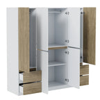 Armoire 6 portes en bois avec tringles de suspension et tiroirs de rangement, Blanc+Naturel / Noir+Naturel, Style moderne
