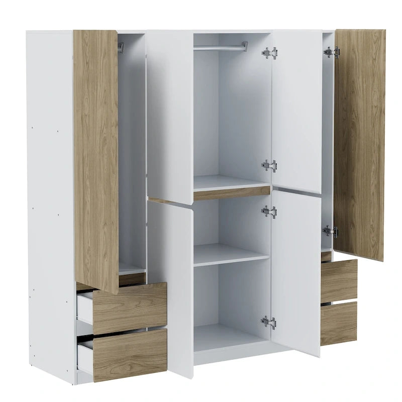 Armoire 6 portes en bois avec tringles de suspension et tiroirs de rangement, Blanc+Naturel / Noir+Naturel, Style moderne