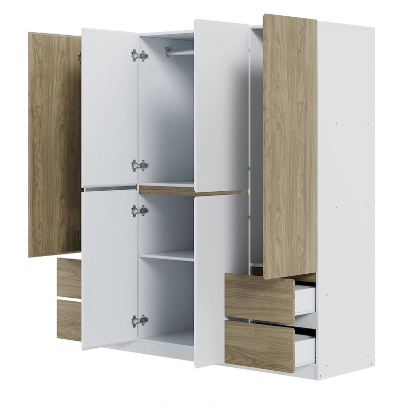 Armoire 6 portes en bois avec tringles de suspension et tiroirs de rangement, Blanc+Naturel / Noir+Naturel, Style moderne