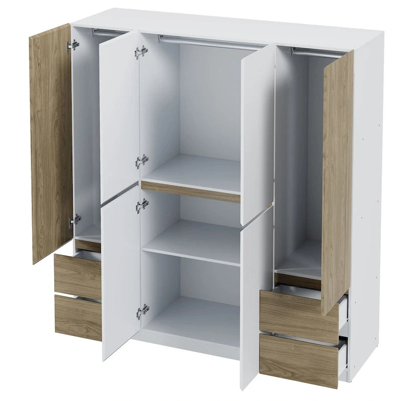 Armoire 6 portes en bois avec tringles de suspension et tiroirs de rangement, Blanc+Naturel / Noir+Naturel, Style moderne