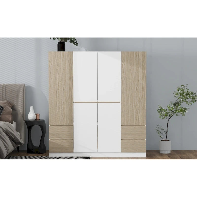Armoire 6 portes en bois avec tringles de suspension et tiroirs de rangement, Blanc+Naturel / Noir+Naturel, Style moderne