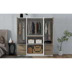 Armoire 6 portes en bois avec tringles de suspension et tiroirs de rangement, Blanc+Naturel / Noir+Naturel, Style moderne