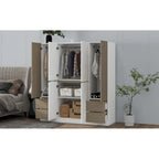Armoire 6 portes en bois avec tringles de suspension et tiroirs de rangement, Blanc+Naturel / Noir+Naturel, Style moderne