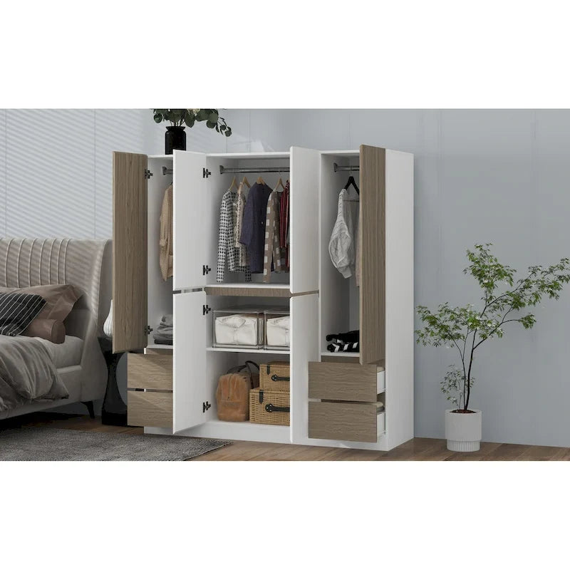 Armoire 6 portes en bois avec tringles de suspension et tiroirs de rangement, Blanc+Naturel / Noir+Naturel, Style moderne