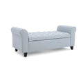 Storage Ottoman Bench, 50 Inch Light Blue, Rolled Arms, Black Wood