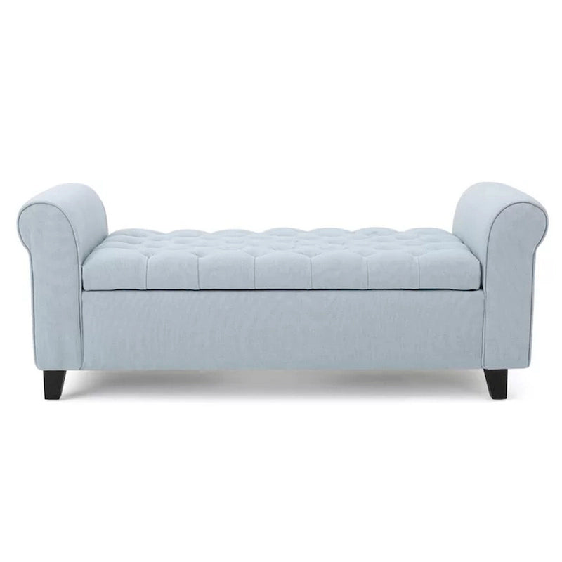 Banc de rangement ottoman avec accoudoirs roulés, bleu clair, capitonné, cadre en bois noir, 1-2 personnes