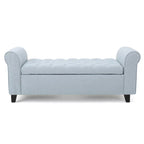 Banc de rangement ottoman avec accoudoirs roulés, bleu clair, capitonné, cadre en bois noir, 1-2 personnes