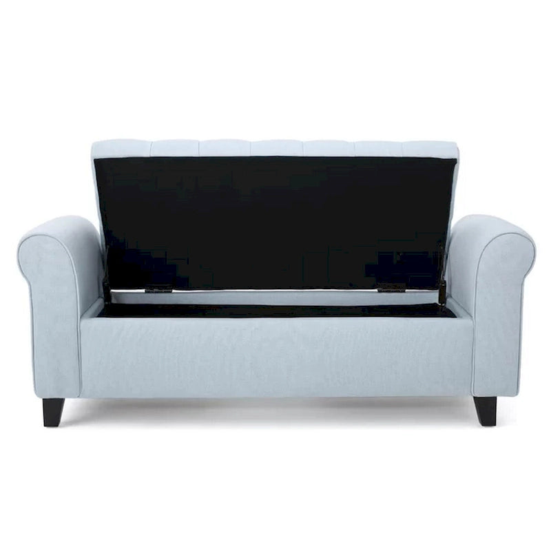 Banc de rangement ottoman avec accoudoirs roulés, bleu clair, capitonné, cadre en bois noir, 1-2 personnes