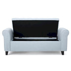 Banc de rangement ottoman avec accoudoirs roulés, bleu clair, capitonné, cadre en bois noir, 1-2 personnes