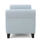 Banc de rangement ottoman avec accoudoirs roulés, bleu clair, capitonné, cadre en bois noir, 1-2 personnes