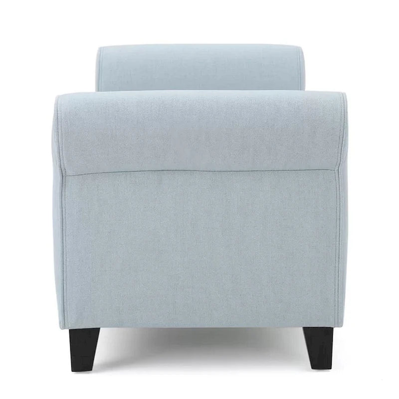 Banc de rangement ottoman avec accoudoirs roulés, bleu clair, capitonné, cadre en bois noir, 1-2 personnes