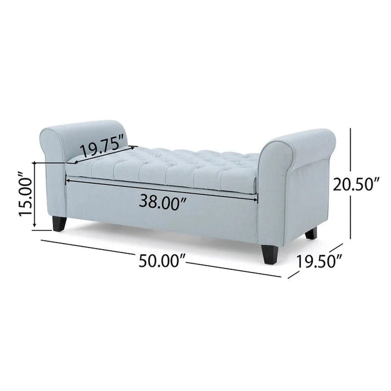Banc de rangement ottoman avec accoudoirs roulés, bleu clair, capitonné, cadre en bois noir, 1-2 personnes