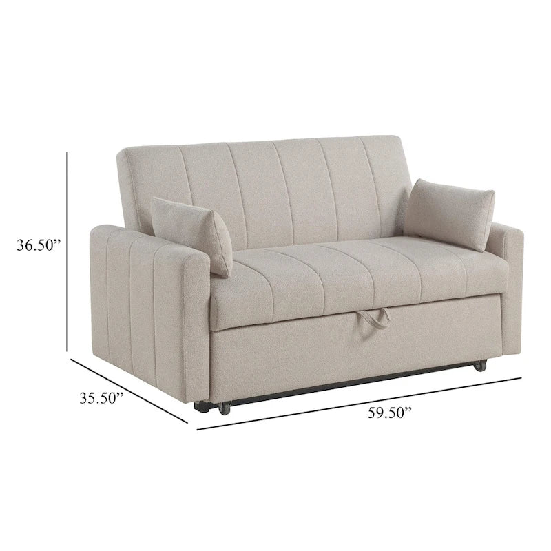 Canapé-Lit Convertible, Latte Ivoire & Noir, Tissu Bouclé, Taille Complète, 2-3 Personnes