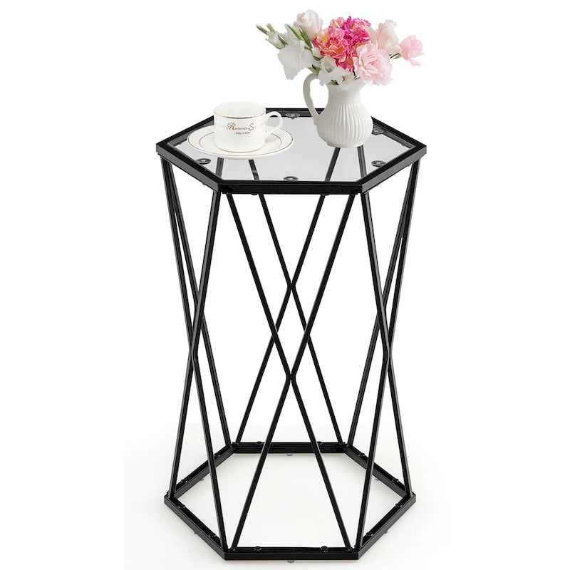 Table d'appoint hexagonale en verre, noire, structure en métal, 1 personne
