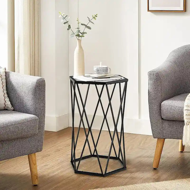 Table d'appoint hexagonale en verre, noire, structure en métal, 1 personne