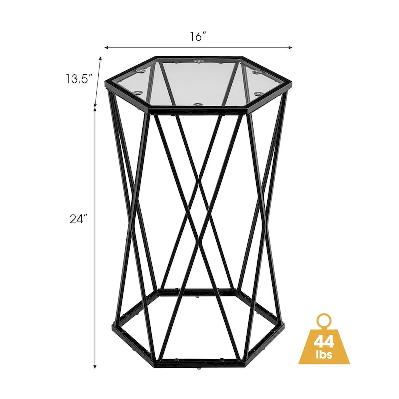 Table d'appoint hexagonale en verre, noire, structure en métal, 1 personne