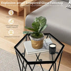 Table d'appoint hexagonale en verre, noire, structure en métal, 1 personne