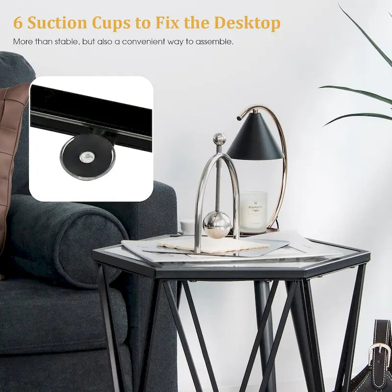 Table d'appoint hexagonale en verre, noire, structure en métal, 1 personne