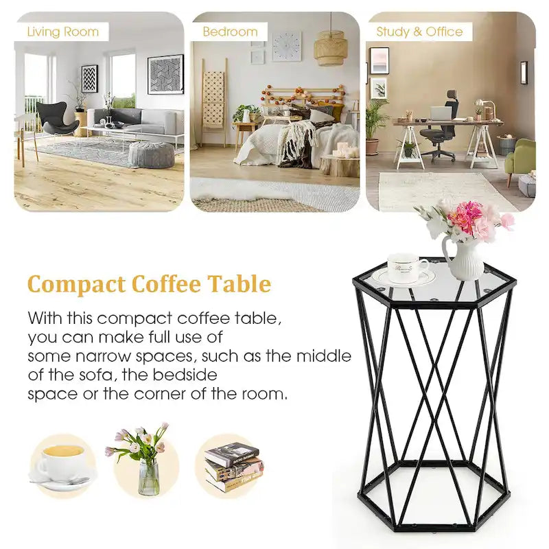 Table d'appoint hexagonale en verre, noire, structure en métal, 1 personne
