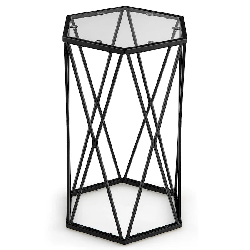 Table d'appoint hexagonale en verre, noire, structure en métal, 1 personne