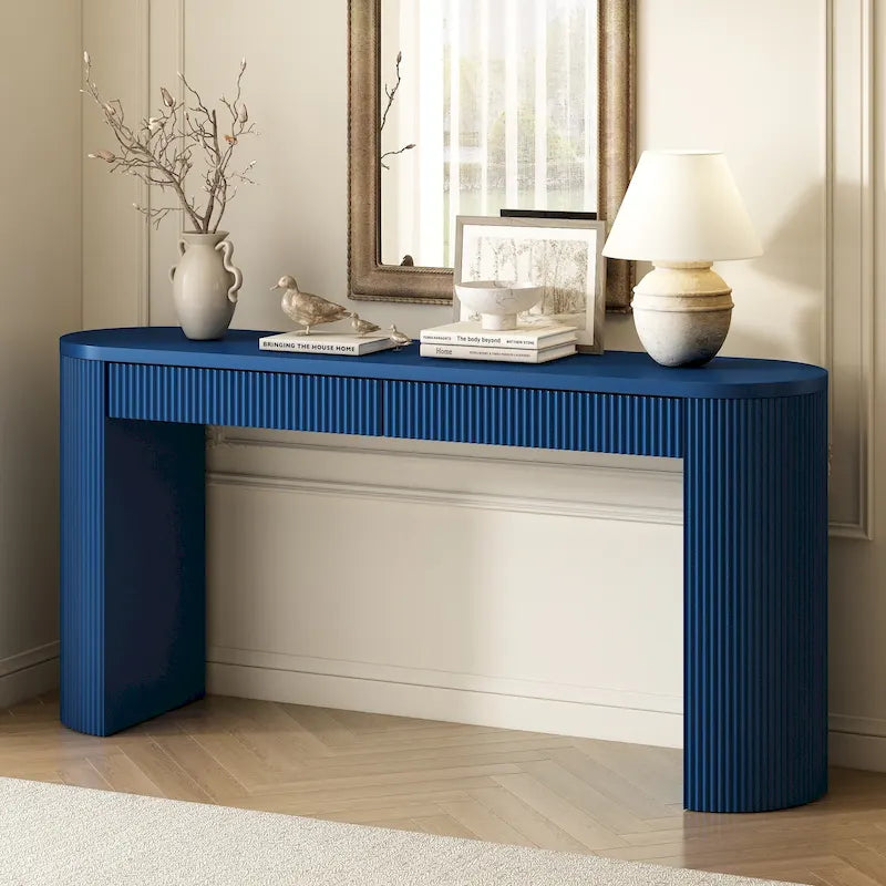Console table à rayures verticales avec 2 tiroirs, naturel / noir / bleu marine, pieds incurvés, style moderne