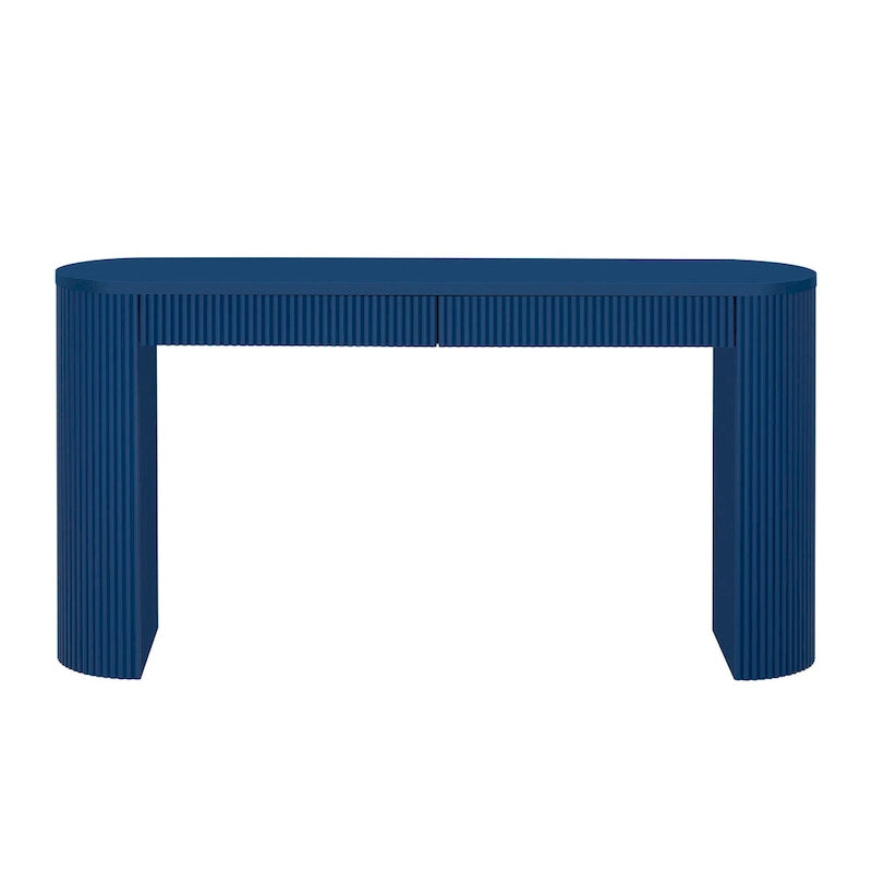 Console table à rayures verticales avec 2 tiroirs, naturel / noir / bleu marine, pieds incurvés, style moderne