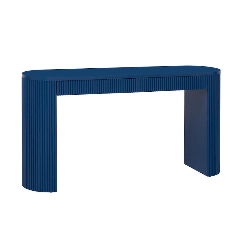 Console table à rayures verticales avec 2 tiroirs, naturel / noir / bleu marine, pieds incurvés, style moderne
