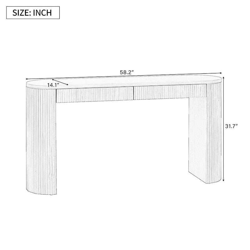 Console table à rayures verticales avec 2 tiroirs, naturel / noir / bleu marine, pieds incurvés, style moderne