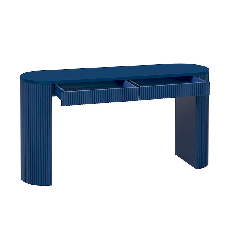 Console table à rayures verticales avec 2 tiroirs, naturel / noir / bleu marine, pieds incurvés, style moderne
