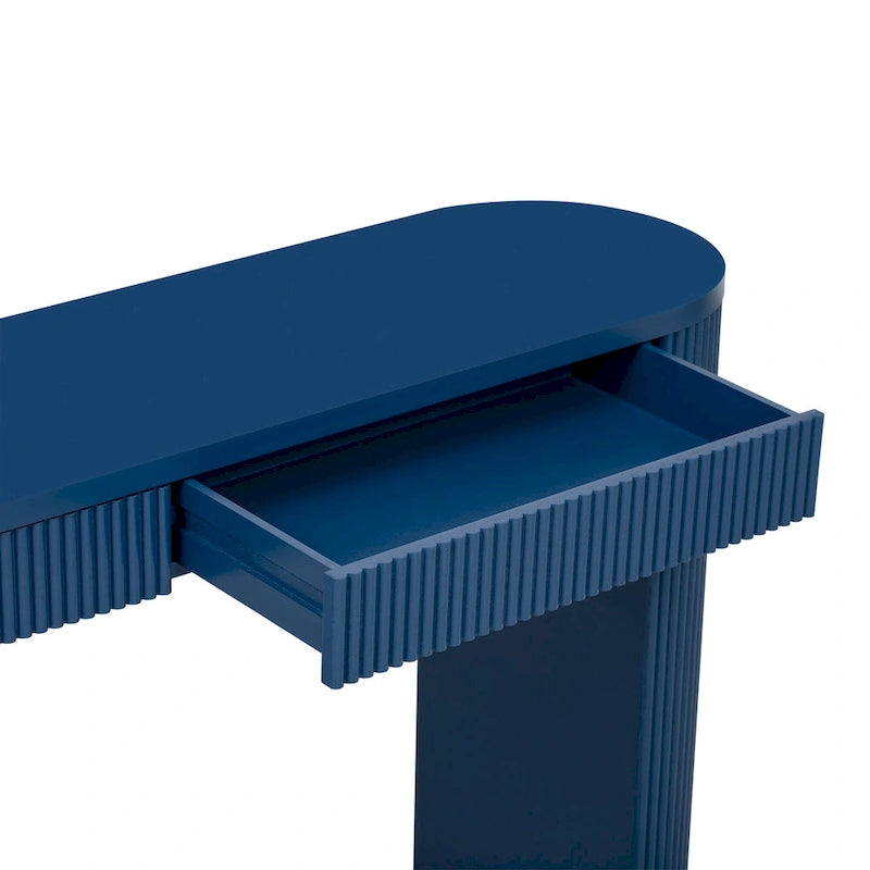 Console table à rayures verticales avec 2 tiroirs, naturel / noir / bleu marine, pieds incurvés, style moderne
