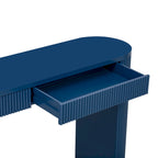 Console table à rayures verticales avec 2 tiroirs, naturel / noir / bleu marine, pieds incurvés, style moderne