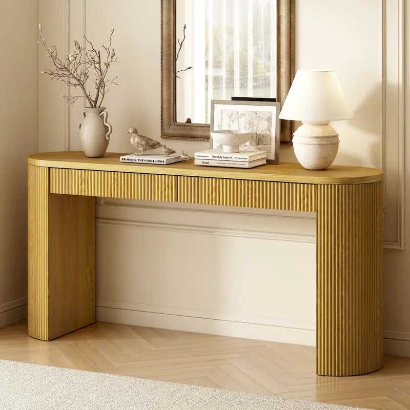 Console table à rayures verticales avec 2 tiroirs, naturel / noir / bleu marine, pieds incurvés, style moderne