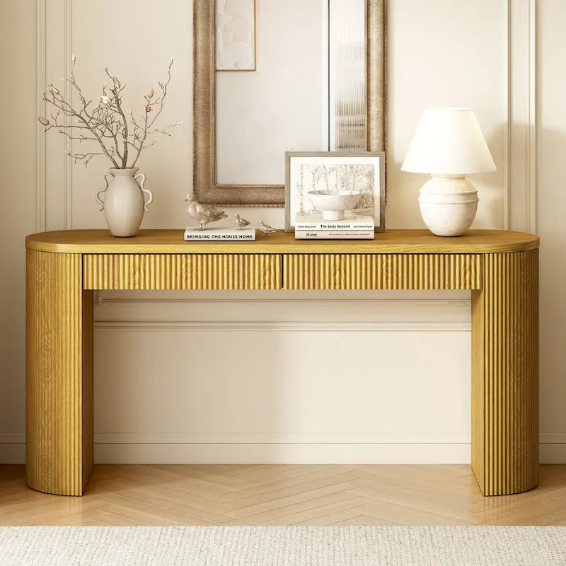 Console table à rayures verticales avec 2 tiroirs, naturel / noir / bleu marine, pieds incurvés, style moderne