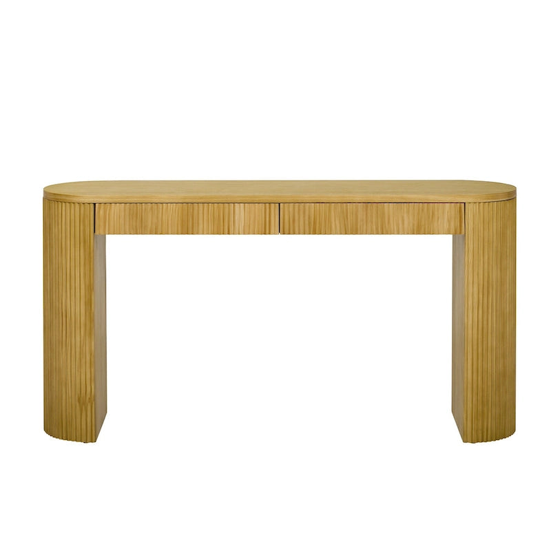 Console table à rayures verticales avec 2 tiroirs, naturel / noir / bleu marine, pieds incurvés, style moderne