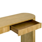 Console table à rayures verticales avec 2 tiroirs, naturel / noir / bleu marine, pieds incurvés, style moderne
