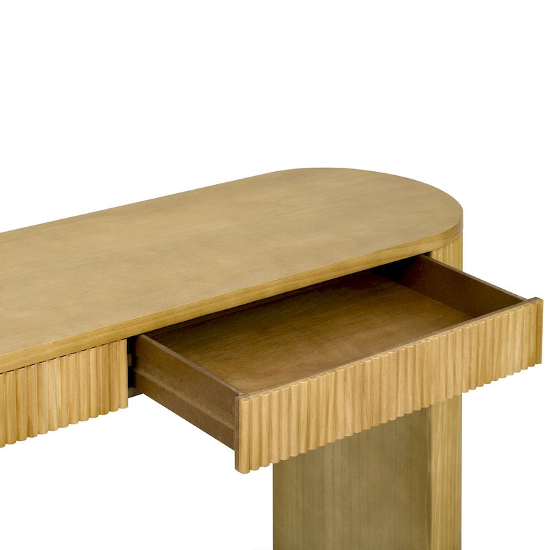 Console table à rayures verticales avec 2 tiroirs, naturel / noir / bleu marine, pieds incurvés, style moderne