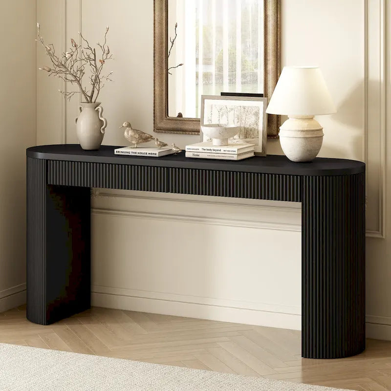 Console table à rayures verticales avec 2 tiroirs, naturel / noir / bleu marine, pieds incurvés, style moderne