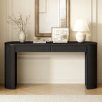 Console table à rayures verticales avec 2 tiroirs, naturel / noir / bleu marine, pieds incurvés, style moderne
