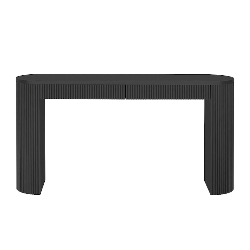 Console table à rayures verticales avec 2 tiroirs, naturel / noir / bleu marine, pieds incurvés, style moderne