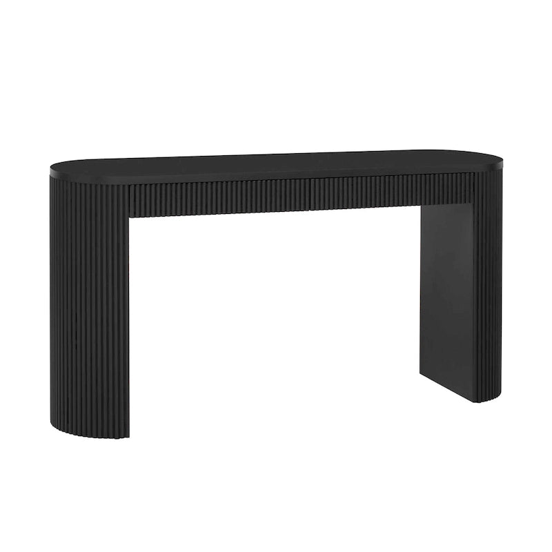 Console table à rayures verticales avec 2 tiroirs, naturel / noir / bleu marine, pieds incurvés, style moderne
