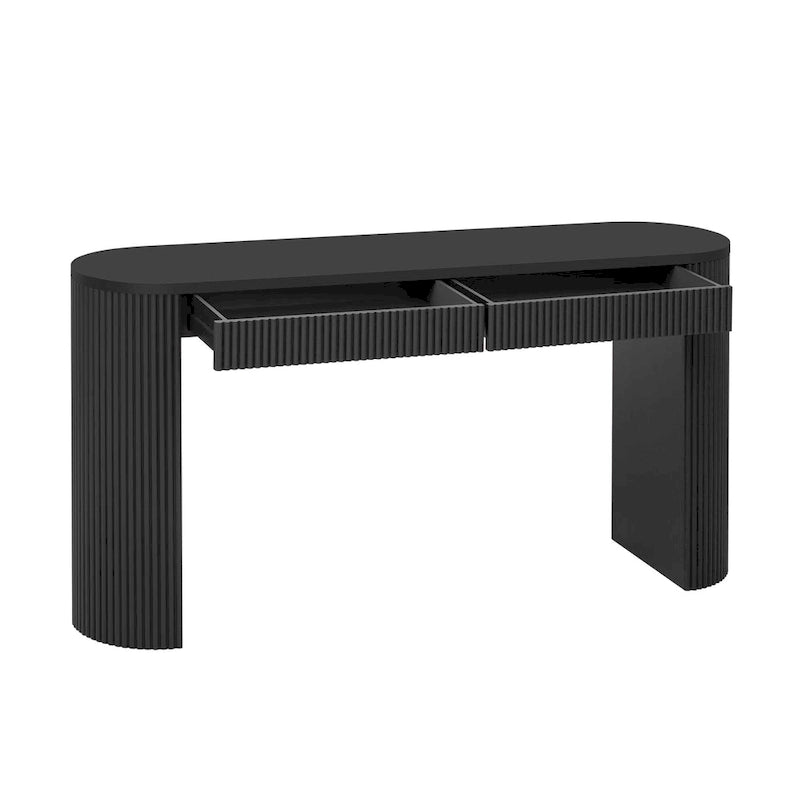 Console table à rayures verticales avec 2 tiroirs, naturel / noir / bleu marine, pieds incurvés, style moderne