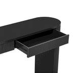 Console table à rayures verticales avec 2 tiroirs, naturel / noir / bleu marine, pieds incurvés, style moderne